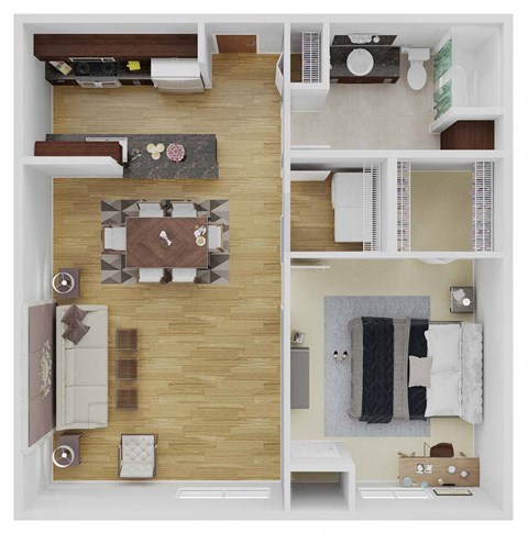 an overhead view of a house with a wood floor